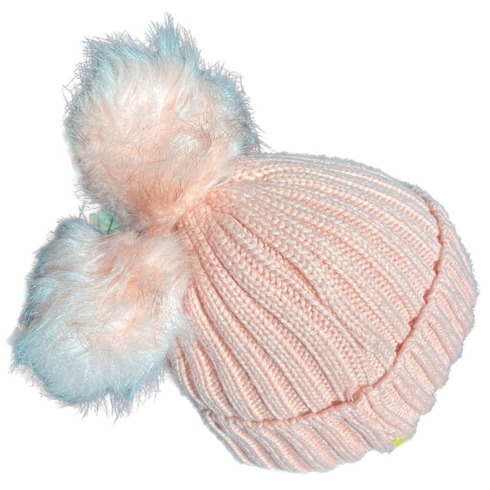 Winter Chunky Knit Beanie Hat with Double Faux Fur Pom Pom Ears